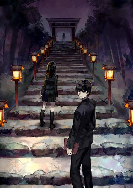 Anime picture 636x900 with original yamakawa long hair tall image fringe short hair black hair standing holding pleated skirt looking back black eyes night silhouette girl boy skirt uniform plant (plants) school uniform