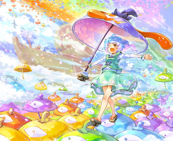 Anime picture 1500x1223 with touhou houjuu nue tatara kogasa nazrin im (badmasa) looking at viewer open mouth smile multiple girls brown eyes animal ears blue hair long sleeves one eye closed outstretched arm spread arms solo focus rain ;d walking