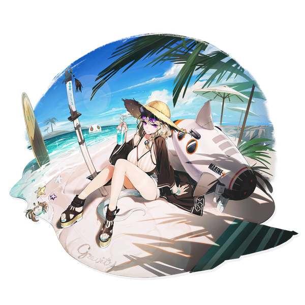 Anime picture 2048x2048 with arknights utage (arknights) utage (summer flowers) (arknights) kamameshi gougoumaru single long hair highres breasts light erotic blonde hair sitting purple eyes sky cloud (clouds) full body outdoors tail arm support official art shadow