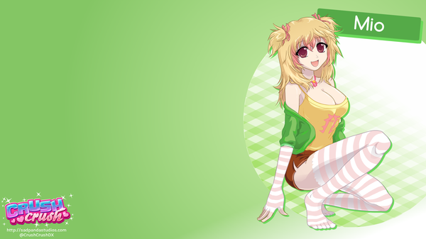 Anime picture 1920x1080 with crush crush mio (crush crush) single long hair looking at viewer fringe highres breasts open mouth light erotic simple background blonde hair smile hair between eyes wide image large breasts brown eyes cleavage full body bent knee (knees)