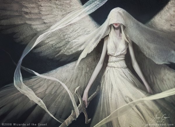 Anime picture 1095x800 with original jason chan long hair white hair lips sleeveless pale skin angel wings girl dress ribbon (ribbons) weapon sword white dress