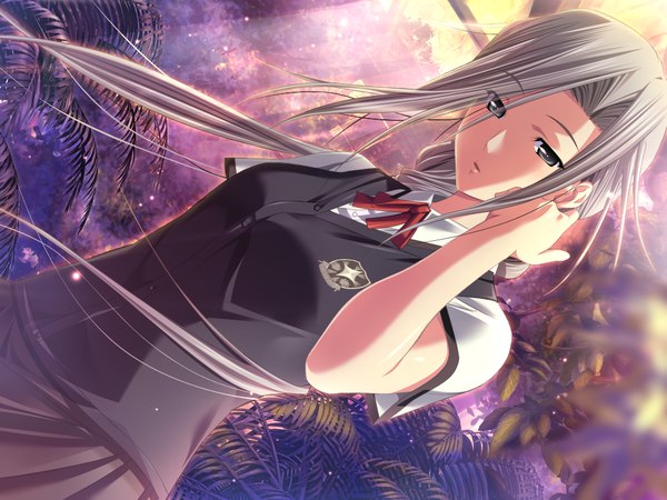 Anime picture 1024x768 with saint estera gakuin no shichinin no majo amagase tomomi m&m single long hair standing twintails payot game cg outdoors parted lips pleated skirt arm up wind grey hair official art short sleeves grey eyes dutch angle low twintails