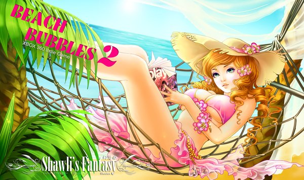 Anime picture 1920x1140 with beach bubbles 2 (game) shawli single long hair highres light erotic brown hair wide image green eyes sky hair flower lips realistic inscription drill hair curly hair girl hair ornament flower (flowers) swimsuit
