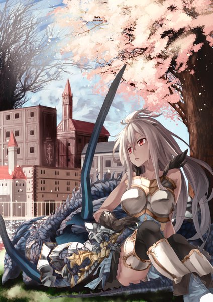 Anime picture 1157x1637 with granblue fantasy the order grande saraki long hair tall image fringe light erotic hair between eyes red eyes sitting bare shoulders payot looking away sky bent knee (knees) parted lips cherry blossoms city cityscape fantasy