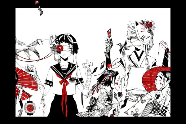 イラスト 1800x1200 と オリジナル 岬 highres 短い髪 開いた口 黒髪 和服 hair flower mouth hold framed mask on head animal eyes doll joints 女の子 男性 制服 髪飾り 花 リボン ちょう結び