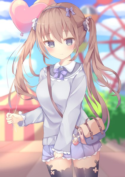 Anime picture 2508x3541 with original tsuruse single long hair tall image blush fringe highres breasts hair between eyes brown hair standing twintails holding payot pleated skirt wind blurry grey eyes embarrassed