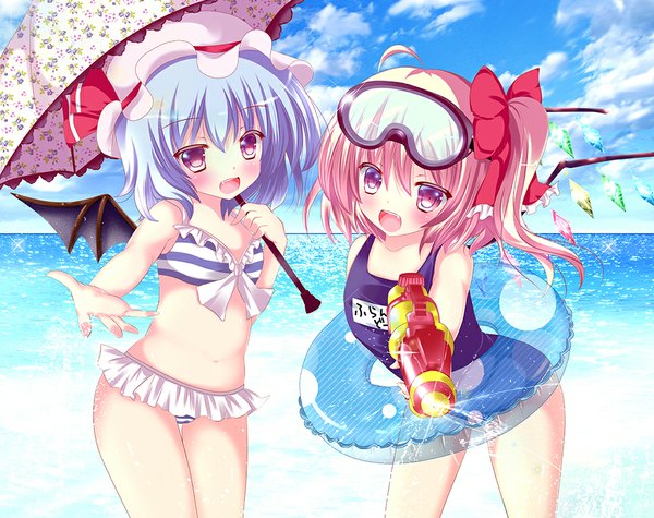 Anime picture 1000x793 with touhou flandre scarlet remilia scarlet rikatan blush short hair open mouth light erotic red eyes multiple girls blue hair pink hair cloud (clouds) loli beach girl bow 2 girls swimsuit hair bow