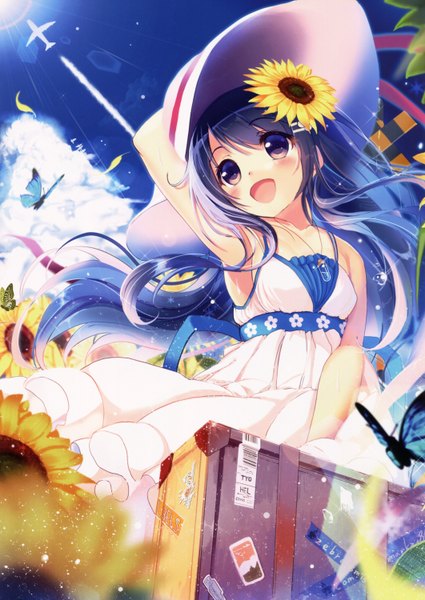 Anime picture 2124x2997 with original akabane (zebrasmise) single long hair tall image blush highres open mouth brown eyes blue hair sky cloud (clouds) hair flower scan girl dress hair ornament flower (flowers) hat petals