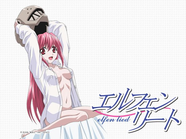 Anime picture 1024x768 with elfen lied arms corporation lucy single long hair looking at viewer blush open mouth light erotic red eyes pink hair open clothes open shirt girl navel shirt helmet