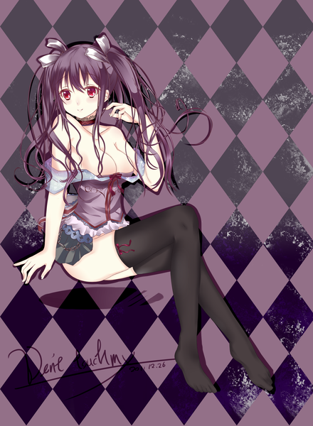 Anime picture 3000x4092 with original single long hair tall image blush highres breasts light erotic red eyes sitting bare shoulders cleavage purple hair barefoot light smile girl thighhighs ribbon (ribbons) black thighhighs hair ribbon