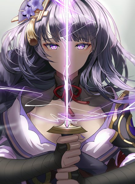 Anime picture 1000x1361 with genshin impact raiden shogun silence girl single long hair tall image looking at viewer fringe simple background purple eyes holding payot cleavage purple hair upper body blunt bangs nail polish traditional clothes japanese clothes grey background
