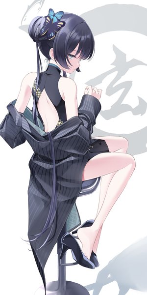 Anime picture 1109x2220 with blue archive kisaki (blue archive) dice gt single tall image blue eyes black hair twintails full body very long hair profile from behind off shoulder hair bun (hair buns) high heels back bare back girl hair ornament halo