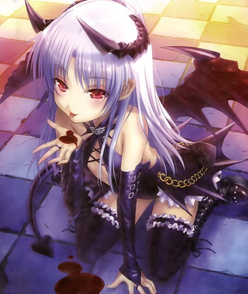 Anime picture 2122x2511 with angel beats! key (studio) tachibana kanade goto p single long hair tall image highres red eyes bare shoulders white hair tail horn (horns) scan official art checkered floor girl thighhighs dress black thighhighs