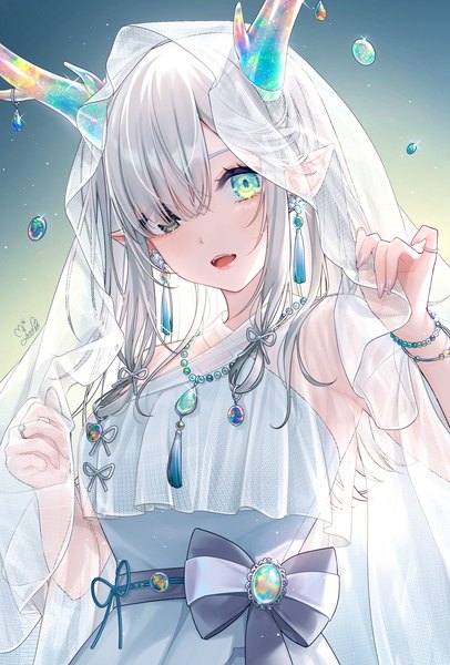 Anime picture 2336x3455 with original mairo (ilo) single long hair tall image looking at viewer fringe highres open mouth simple background smile standing green eyes signed silver hair :d horn (horns) pointy ears black eyes hair over one eye