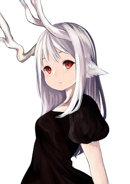 Anime picture 2480x3508 with original ikoan single long hair tall image looking at viewer fringe highres simple background red eyes white background animal ears upper body white hair horn (horns) puffy sleeves albino girl dress black dress