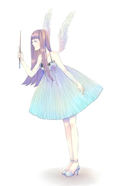 Anime picture 900x1273 with original hiruna454 long hair tall image blue eyes simple background brown hair standing white background holding looking away light smile high heels sleeveless angel wings girl dress wings blue dress wand