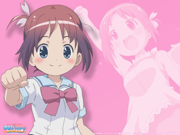 Anime picture 1280x960 with gakuen utopia manabi straight blush short hair light smile uniform ribbon (ribbons) school uniform fist
