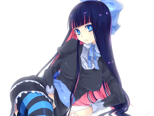 Anime picture 2800x2100 with panty & stocking with garterbelt anarchy stocking hanasaki mahiru single highres blue eyes simple background white background purple hair multicolored hair colored inner hair gothic thighhighs dress bow hair bow striped thighhighs