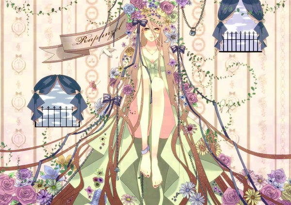 Anime picture 1520x1074 with rapunzel (grimm) rapunzel hal (suck it) blush brown hair yellow eyes very long hair nail polish barefoot legs girl dress flower (flowers) ribbon (ribbons) plant (plants) window chain lock