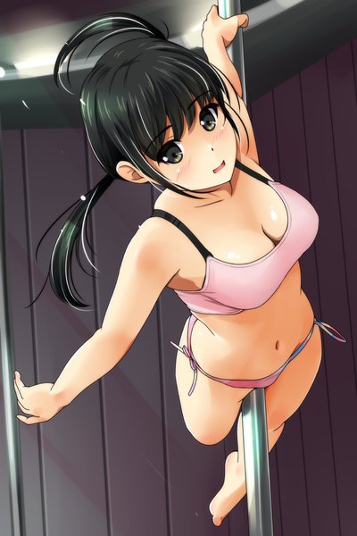 Anime picture 800x1200 with original matsunaga kouyou single long hair tall image looking at viewer blush breasts open mouth light erotic black hair twintails holding black eyes underwear only dancing pole dancing girl navel underwear