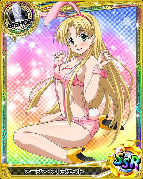 Anime picture 640x800 with highschool dxd asia argento single long hair tall image looking at viewer blush breasts open mouth light erotic blonde hair green eyes animal ears bunny ears torn clothes card (medium) girl underwear panties lingerie
