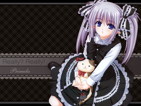 Anime picture 1280x960 with shuffle! primula nishimata aoi single looking at viewer fringe blue eyes sitting twintails holding payot purple hair parted lips pointy ears inscription character names text dark background english lolita fashion