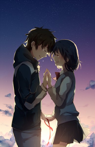 Anime picture 660x1020 with kimi no na wa miyamizu mitsuha tachibana taki k-rumi tall image short hair open mouth black hair smile standing signed sky cloud (clouds) eyes closed parted lips pleated skirt sunlight couple tears holding hands