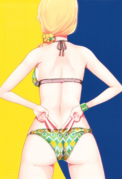 Anime picture 1500x2195 with harukana receive thomas emily nyoijizai single long hair tall image light erotic simple background blonde hair bare shoulders ass from behind scan official art back low ponytail hands behind back halterneck hair over shoulder girl