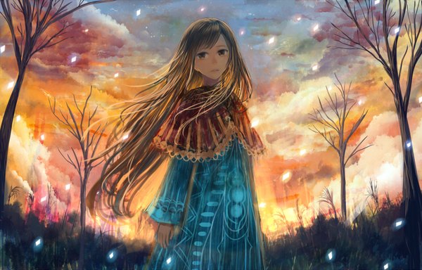 Anime picture 1650x1056 with original bounin single long hair fringe brown hair standing brown eyes sky cloud (clouds) glowing bare tree sad girl plant (plants) tree (trees)