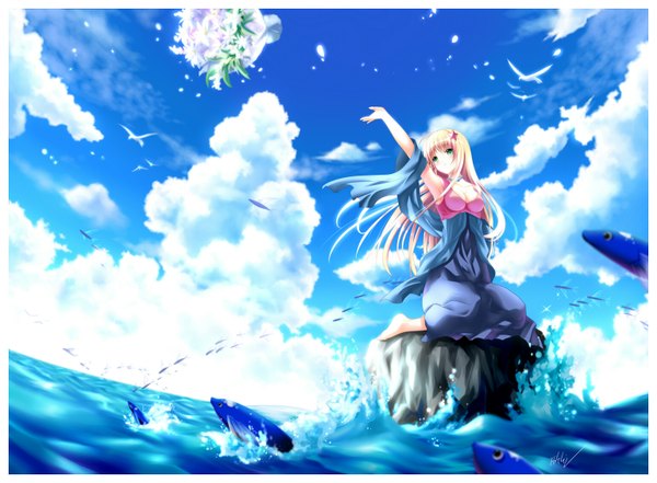 Anime picture 1540x1132 with myhilary single long hair blush smile green eyes game cg sky cloud (clouds) orange hair armpit (armpits) framed girl dress flower (flowers) animal water sea bird (birds) fish (fishes)