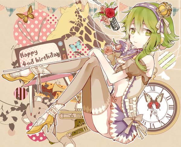 Anime picture 1080x880 with vocaloid gumi a_ka_me_ga single looking at viewer short hair sitting bare shoulders green eyes ass green hair light smile zettai ryouiki abstract girl thighhighs navel flower (flowers) bow rose (roses)