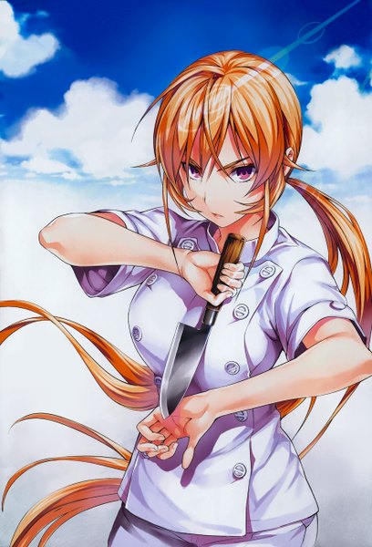 Anime picture 884x1300 with shokugeki no soma j.c. staff nakiri erina single long hair tall image looking at viewer fringe breasts red eyes standing sky cloud (clouds) ponytail orange hair official art fighting stance serious chef girl