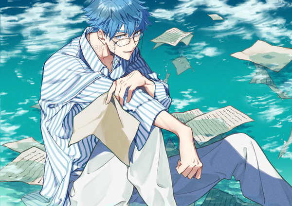 Anime picture 1023x723 with fate (series) fate/grand order hans christian andersen (fate) hans christian andersen (adult) (fate) hua (supa jopa) single looking at viewer fringe short hair blue eyes hair between eyes sitting signed blue hair twitter username boy shirt water glasses paper