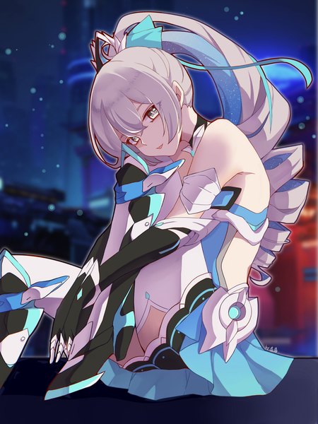 Anime picture 3456x4608 with honkai impact 3rd honkai (series) bronya zaychik bronya zaychik (herrscher of truth) unique-blueberry single long hair tall image fringe highres breasts light erotic hair between eyes bare shoulders absurdres ponytail multicolored hair grey hair blurry night
