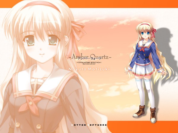 Anime picture 1600x1200 with amber quartz mochizuki nayuta ankoromochi single blush blue eyes blonde hair standing full body very long hair light smile zettai ryouiki copyright name character names zoom layer girl thighhighs uniform ribbon (ribbons) hair ribbon