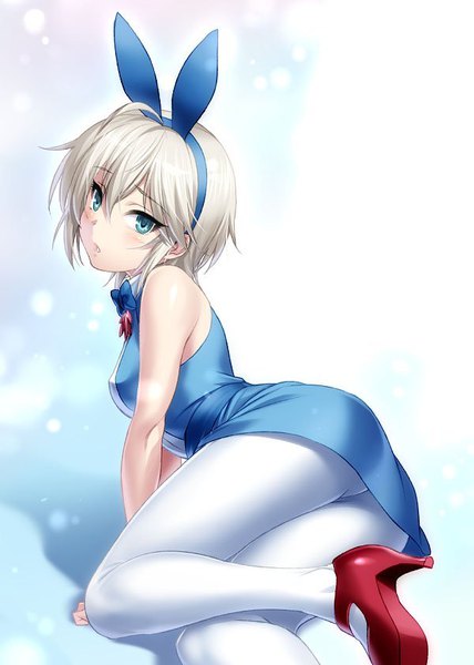 Anime picture 600x841 with idolmaster idolmaster cinderella girls anastasia (idolmaster) zen (kamuro) single tall image looking at viewer blush fringe short hair blue eyes light erotic hair between eyes animal ears silver hair arm support high heels sleeveless fake animal ears akimeite ding dong dang!