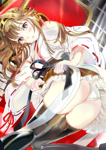 Anime picture 850x1202 with kantai collection kongou battleship 119 single long hair tall image looking at viewer blush fringe breasts blue eyes light erotic brown hair bare shoulders cleavage bent knee (knees) ass long sleeves traditional clothes parted lips