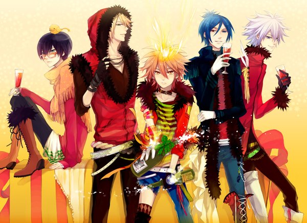 Anime picture 1346x976 with katekyou hitman reborn sawada tsunayoshi hibari kyouya rokudo mukuro gokudera hayato hibird bian (artist) short hair blue eyes silver hair purple hair heterochromia torn clothes group striped animal on head boy gloves animal glasses