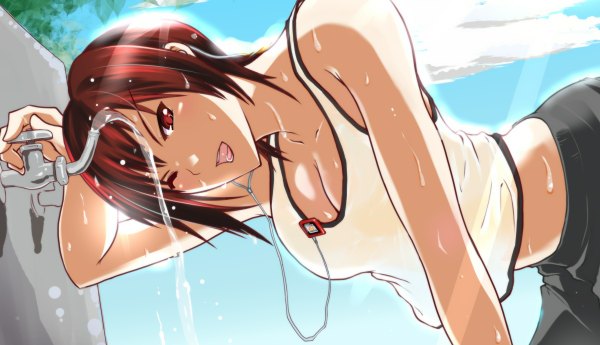 Anime picture 1200x690 with dead or alive mila (doa) bizen dorobune single short hair open mouth light erotic red eyes wide image red hair one eye closed wink girl headphones digital media player