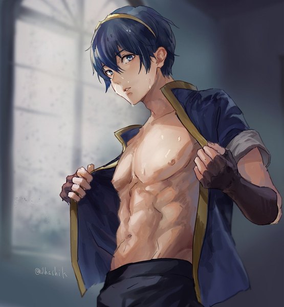 Anime picture 1000x1081 with fire emblem fire emblem: mystery of the emblem nintendo marth (fire emblem) hashiko (neleven) single tall image looking at viewer fringe short hair blue eyes hair between eyes signed blue hair nipples indoors blurry short sleeves sweat twitter username