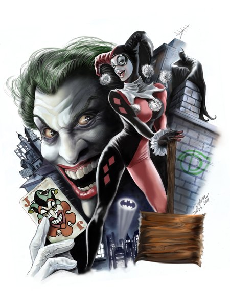 Anime picture 1296x1728 with batman dc comics harley queen batman (character) the joker cris delara tall image looking at viewer short hair open mouth smile green hair black eyes makeup girl boy bodysuit
