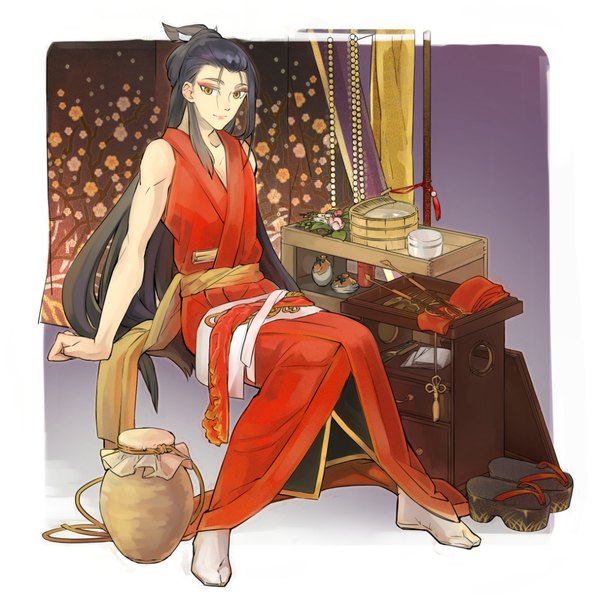 Anime picture 1044x1044 with touken ranbu nitroplus jirou tachi tobacco (tabakokobata) single long hair looking at viewer black hair smile sitting bare shoulders brown eyes full body traditional clothes japanese clothes arm support eyeshadow androgynous shoes removed boy