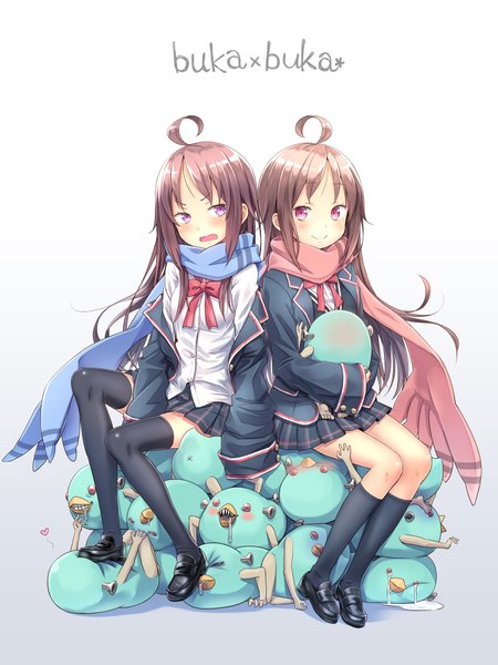 Anime picture 1433x1910 with original kuinji 51go long hair tall image blush smile brown hair multiple girls ahoge pink eyes dual persona girl thighhighs skirt uniform black thighhighs 2 girls school uniform miniskirt socks