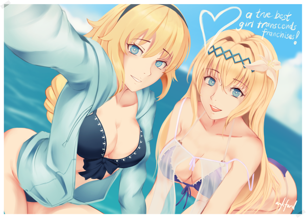 Anime picture 2228x1588 with fate (series) fate/grand order granblue fantasy jeanne d'arc (fate) (all) jeanne d'arc (swimsuit archer) jeanne d'arc (granblue fantasy) ark ford long hair looking at viewer fringe highres breasts open mouth blue eyes light erotic blonde hair smile hair between eyes large breasts bare shoulders