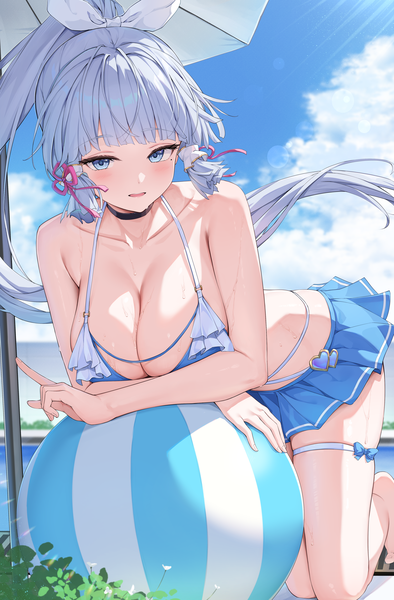 Anime picture 3330x5075 with genshin impact kamisato ayaka rosumerii single long hair tall image looking at viewer blush fringe highres breasts open mouth blue eyes light erotic large breasts payot absurdres sky silver hair cloud (clouds)