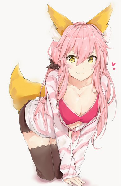 Anime picture 1200x1840 with fate (series) fate/extra tamamo (fate) (all) tamamo no mae (fate) silver (chenwen) single long hair tall image looking at viewer blush fringe breasts light erotic simple background smile hair between eyes large breasts white background animal ears yellow eyes