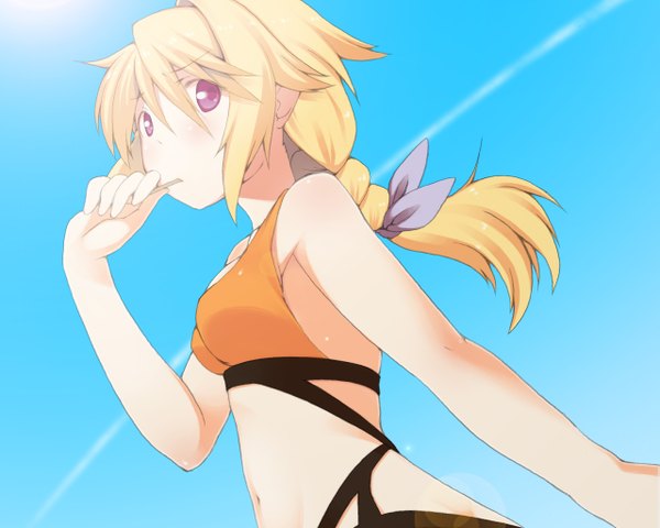 Anime picture 2560x2048 with infinite stratos 8bit charles dunois single long hair blush highres blonde hair purple eyes bare shoulders braid (braids) girl swimsuit