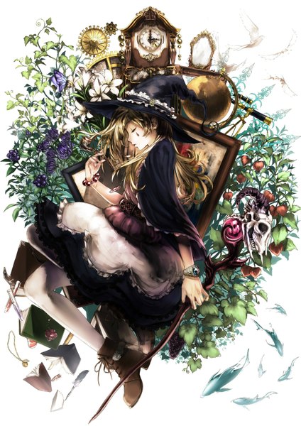 Anime picture 1128x1596 with original akitani kou single long hair tall image blonde hair white background lying eyes closed horn (horns) witch girl dress flower (flowers) plant (plants) animal pantyhose food boots bracelet