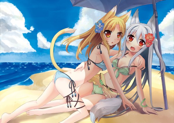 Anime picture 1529x1087 with original oruton (artist) long hair looking at viewer blush breasts open mouth light erotic blonde hair red eyes multiple girls animal ears sky silver hair cloud (clouds) animal tail hair flower teeth fang (fangs) beach