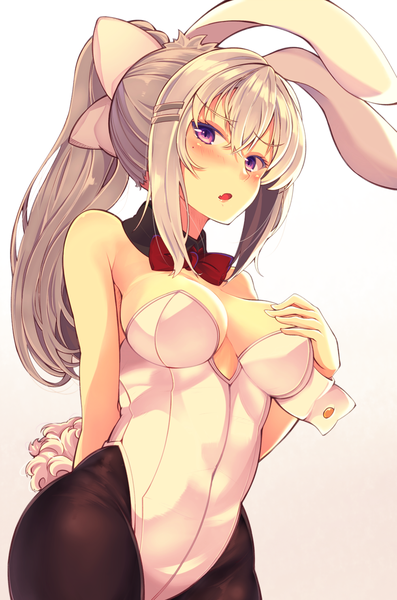 Anime picture 980x1480 with virtual youtuber nijisanji higuchi kaede mikususannda single long hair tall image looking at viewer blush fringe breasts open mouth light erotic hair between eyes standing white background purple eyes bare shoulders animal ears payot